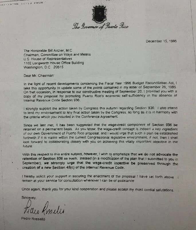 Carta del gobernador Pedro Rosselló al Comité de Medios y Arbitrios apoyando la derogación de la Sección 936 (15-12-1995)